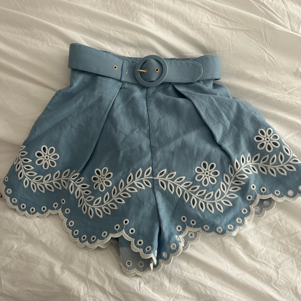 Zimmermann Blue High Waist Shorts with White Embroidery
